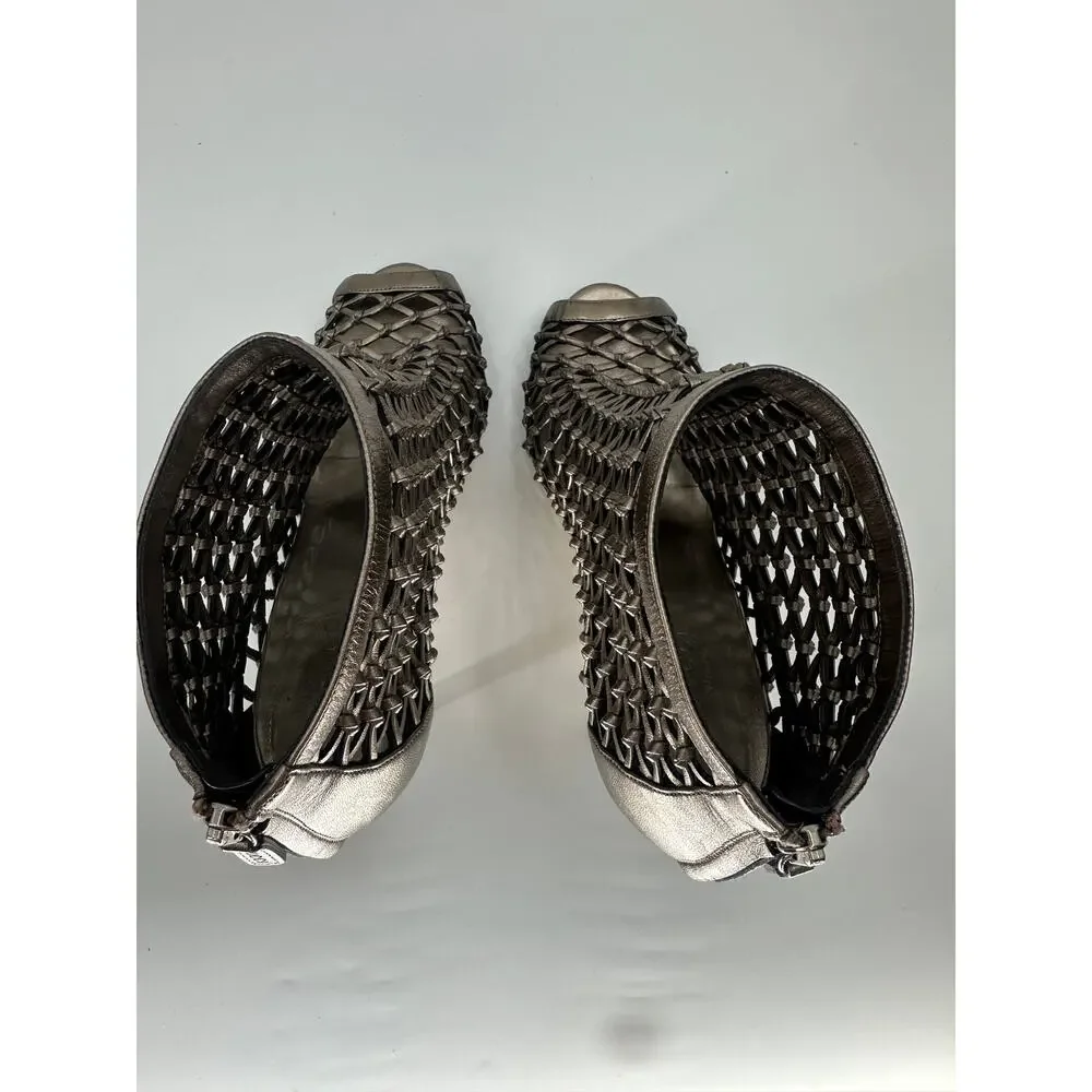 Gucci Eline Metallic Bronze Woven Leather Cage Peep Toe Booties Women's EU 37.5